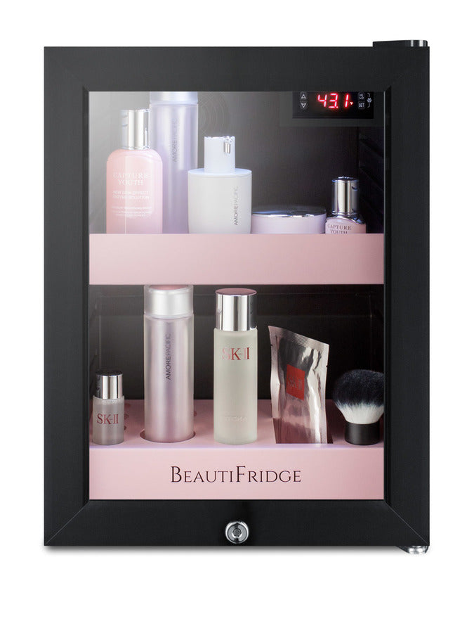BeautiFridge cosmetics refrigerator with pink shelving and glass door (Model LX114LPLHD)