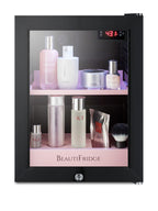 BeautiFridge cosmetics refrigerator with pink shelving and glass door (Model LX114LPLHD)