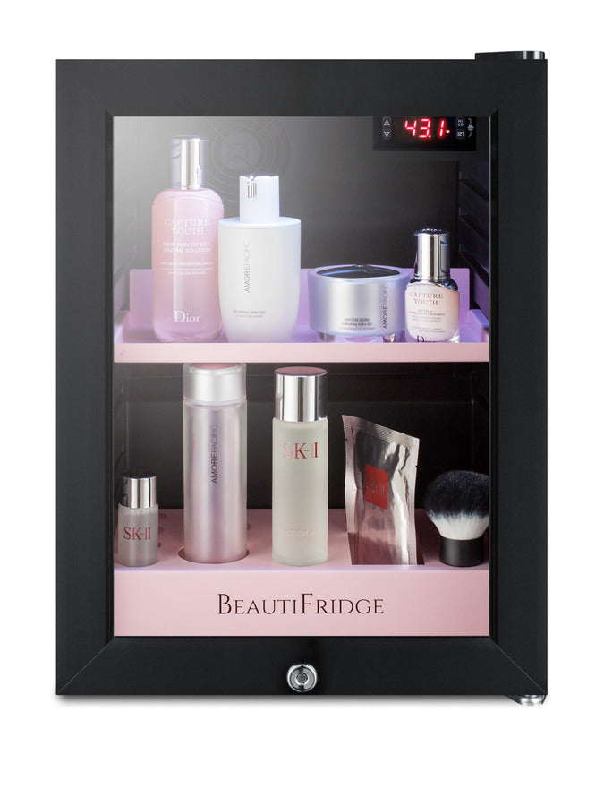 BeautiFridge cosmetics refrigerator with pink shelving and glass door (Model LX114LPLHD)