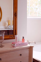 BeautiFridge cosmetics refrigerator with pink shelving and glass door (Model LX114LPLHD)