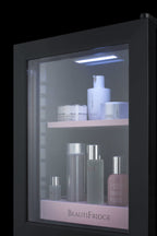 BeautiFridge cosmetics refrigerator with pink shelving and glass door (Model LX114LPLHD)