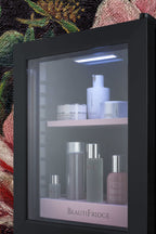 BeautiFridge cosmetics refrigerator with pink shelving and glass door (Model LX114LPLHD)
