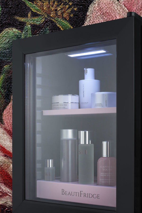 BeautiFridge cosmetics refrigerator with pink shelving and glass door (Model LX114LPLHD)