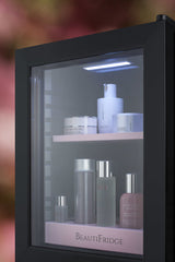 BeautiFridge cosmetics refrigerator with pink shelving and glass door (Model LX114LPLHD)