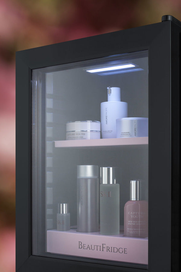 BeautiFridge cosmetics refrigerator with pink shelving and glass door (Model LX114LPLHD)