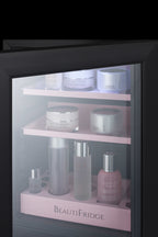BeautiFridge cosmetics refrigerator with pink shelving and glass door (Model LX114LPLHD)