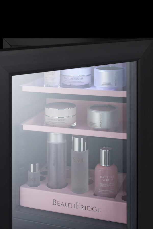 BeautiFridge cosmetics refrigerator with pink shelving and glass door (Model LX114LPLHD)