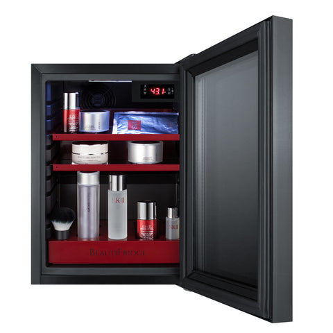 Accucold BeautiFridge cosmetics refrigerator with ruby shelving and tinted glass door (Model LX114LRT1LHD)