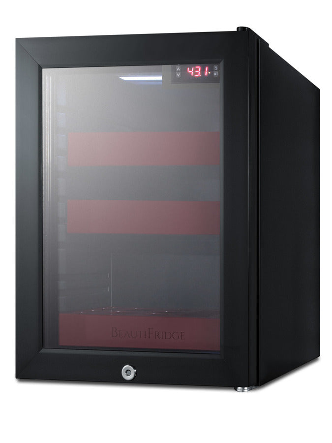 BeautiFridge cosmetics refrigerator with ruby shelving and glass door (Model LX114LRLHD)
