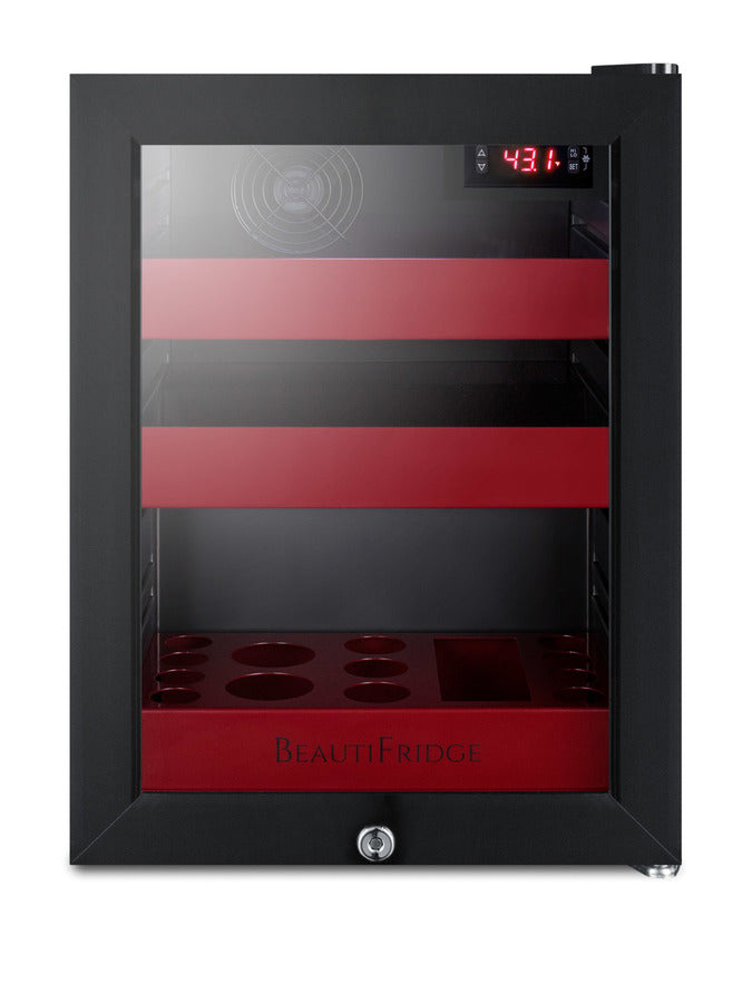 BeautiFridge cosmetics refrigerator with ruby shelving and glass door (Model LX114LRLHD)