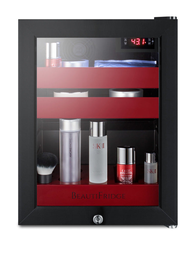 BeautiFridge cosmetics refrigerator with ruby shelving and glass door (Model LX114LRLHD)
