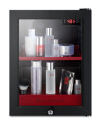 BeautiFridge cosmetics refrigerator with ruby shelving and glass door (Model LX114LRLHD)