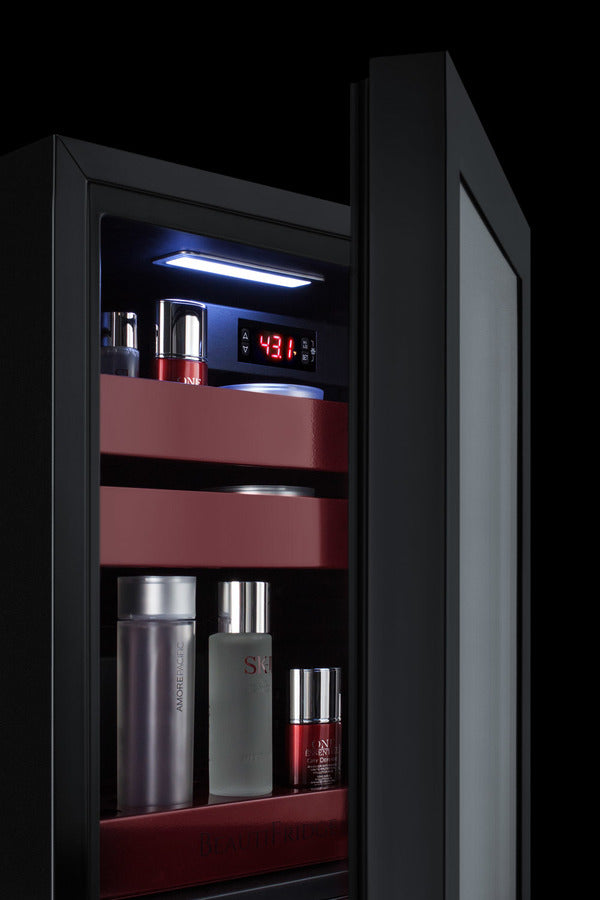 BeautiFridge cosmetics refrigerator with ruby shelving and glass door (Model LX114LRLHD)