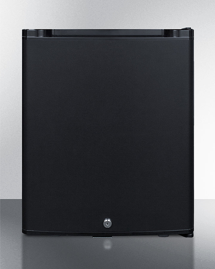 Compact solid door minibar in black with front lock (Model MB12B)