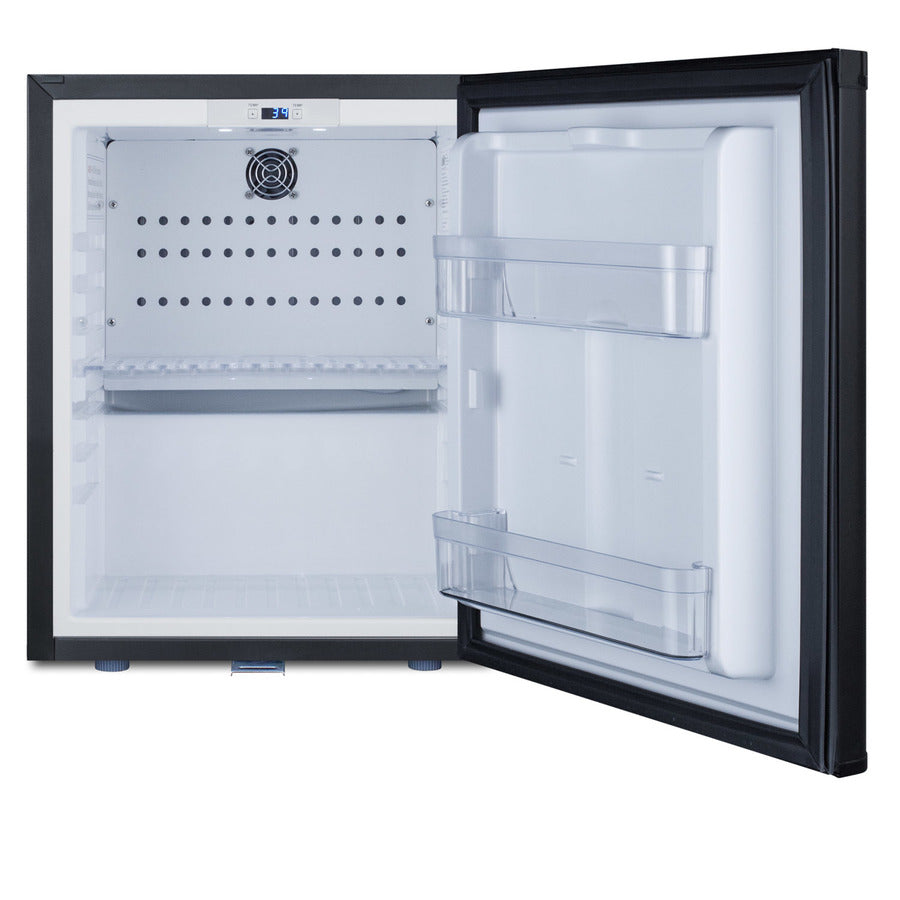 Compact solid door minibar in black with front lock (Model MB12B)