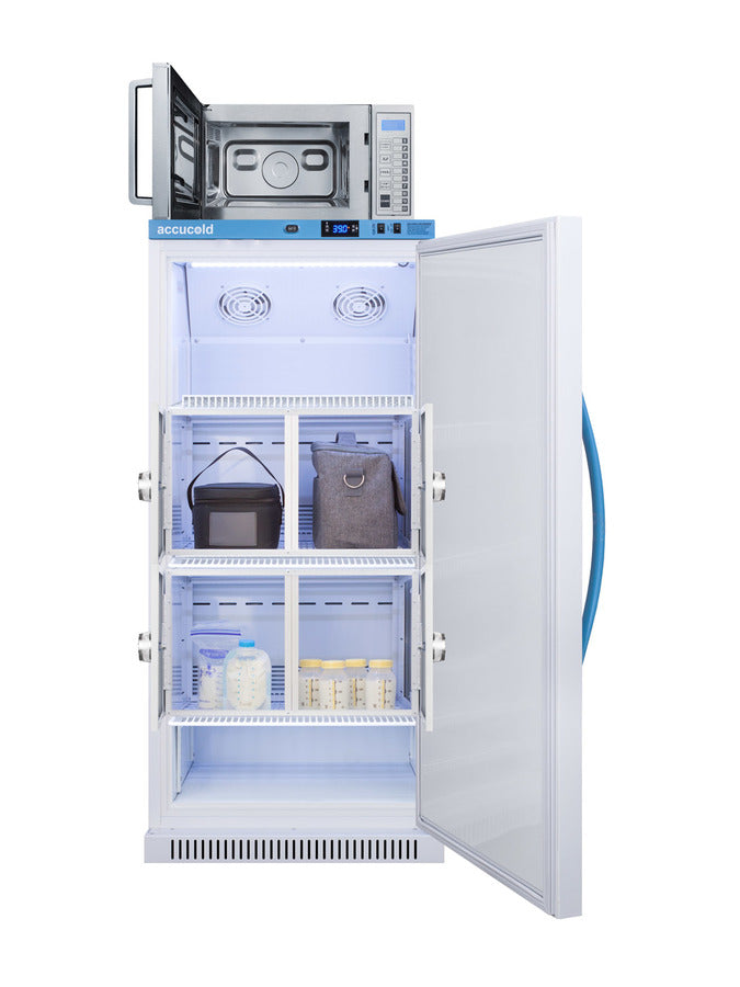 Accucold 8 cu.ft. MOMCUBE breast milk refrigerator with interior lockers and with commercial microwave (Model MLRS8MCLK-SCM1000SS)