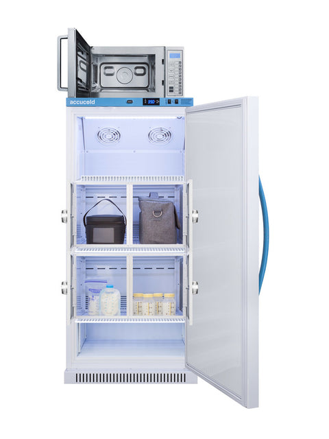 Accucold 8 cu.ft. MOMCUBE breast milk refrigerator with interior lockers and with commercial microwave (Model MLRS8MCLK-SCM1000SS)