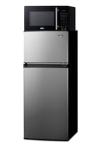 Mid-sized refrigerator-freezer in a stainless steel steel look and black microwave with built-in allocator, with bracket