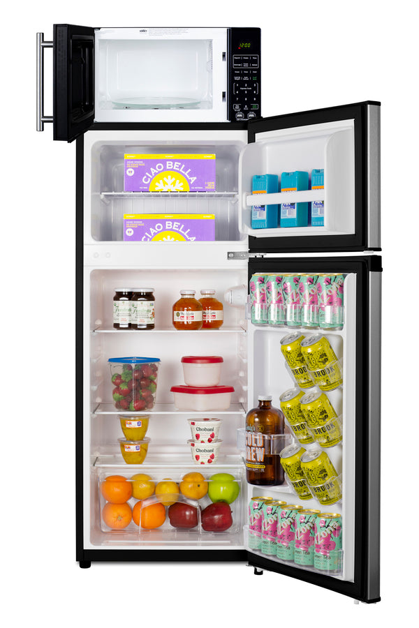 Mid-sized refrigerator-freezer in a stainless steel steel look and black microwave with built-in allocator, with bracket