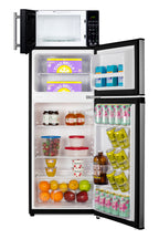 Mid-sized refrigerator-freezer in a stainless steel steel look and black microwave with built-in allocator, with bracket