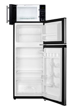 Mid-sized refrigerator-freezer in a stainless steel steel look and black microwave with built-in allocator, with bracket (Model MRF73PLALHD) - Open