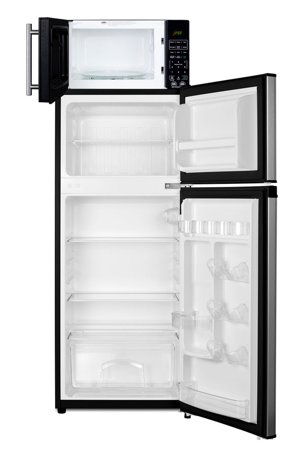 Mid-sized refrigerator-freezer in a stainless steel steel look and black microwave with built-in allocator, with bracket