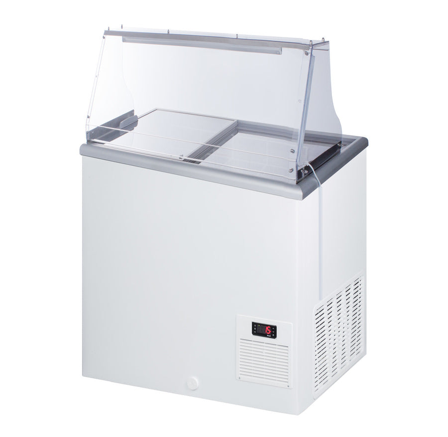 Accucold Commercial dipping cabinet with pre-installed sneeze guard, sliding glass lid, digital thermostat, and ice cream tub hol (Model NOVA22PDC)