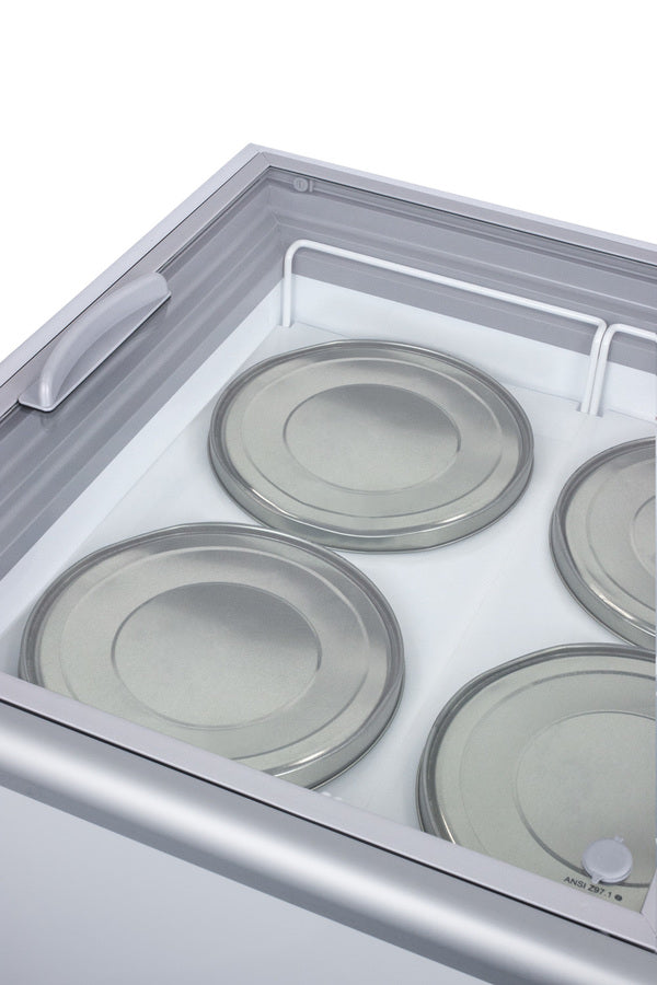Accucold Flat top commercial ice cream freezer with sliding glass lid, digital thermostat, novelty baskets, and 14.1 cu.ft. capac