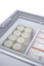 Accucold Flat top commercial ice cream freezer with sliding glass lid, digital thermostat, novelty baskets, and 14.1 cu.ft. capac