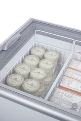 Accucold Flat top commercial ice cream freezer with sliding glass lid, digital thermostat, novelty baskets, and 14.1 cu.ft. capac