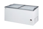 Flat top commercial ice cream freezer with sliding glass lid, digital thermostat, novelty baskets, and 16.6 cu.ft. capac - Angle