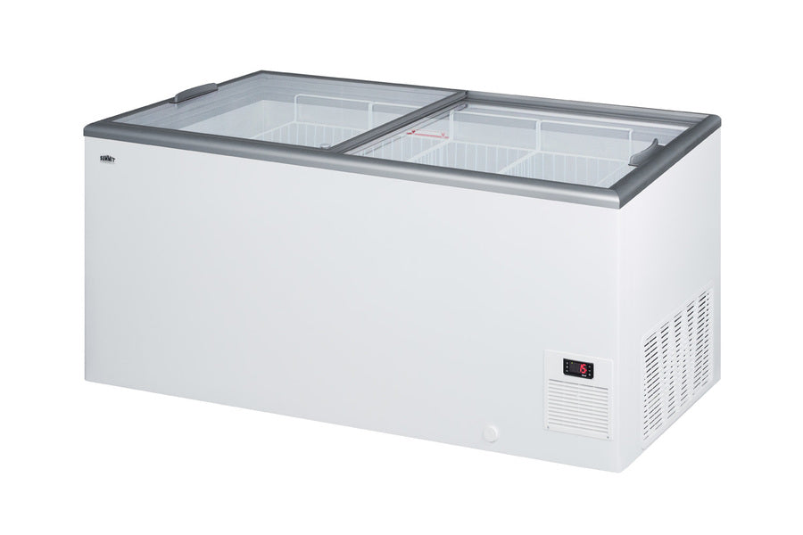 Flat top commercial ice cream freezer with sliding glass lid, digital thermostat, novelty baskets, and 16.6 cu.ft. capac - Angle
