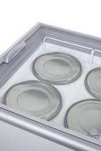 Flat top commercial ice cream freezer with sliding glass lid, digital thermostat, novelty baskets, and 16.6 cu.ft. capac - Baskets