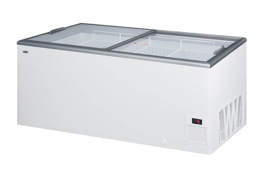 Flat top commercial ice cream freezer with sliding glass lid, digital thermostat, and novelty baskets (Model NOVA61) - Angle