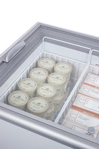 Flat top commercial ice cream freezer with sliding glass lid, digital thermostat, and novelty baskets (Model NOVA61) - Baskets