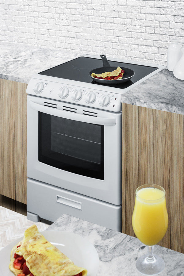 24" Wide Smooth-top Electric Range in White, with Lower Storage Drawer and Oven Window - Set