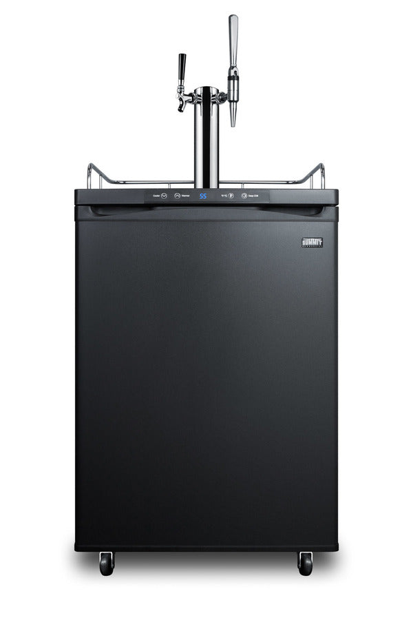 Dual tap coffee dispenser in black, with a combination nitro/flat coffee tap kit in stainless steel (Model SBC635MCMTWIN