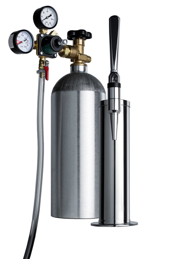 Dual tap nitro-infused coffee dispenser in black, with a complete stainless steel stout style tap kit and nitrogen tank 