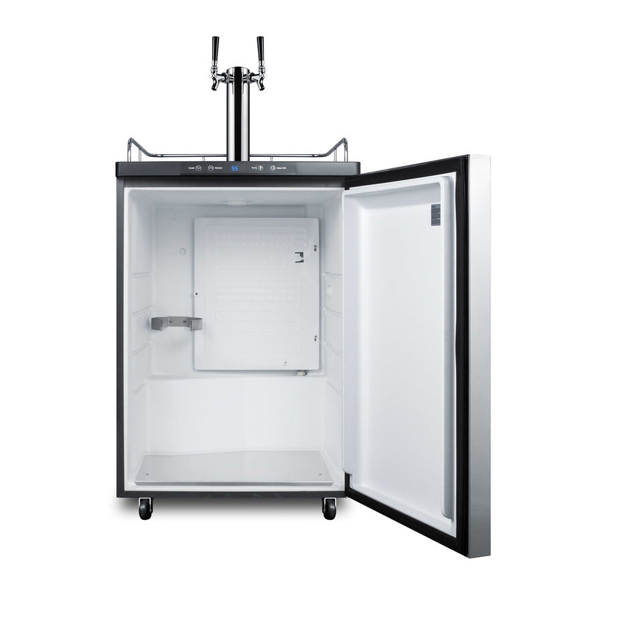 Freestanding dual tap residential beer dispenser, auto defrost w/digital thermostat, SS wrapped door, horizontal handle,