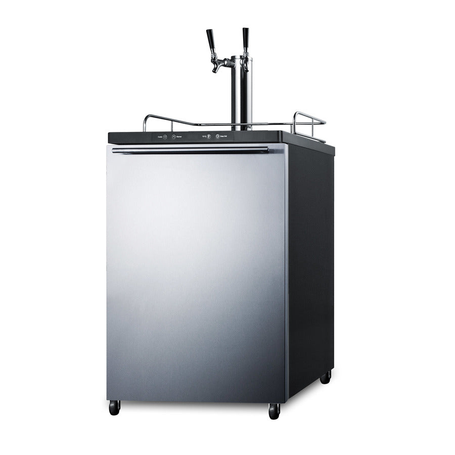 Freestanding dual tap residential beer dispenser, auto defrost w/digital thermostat, SS wrapped door, horizontal handle,