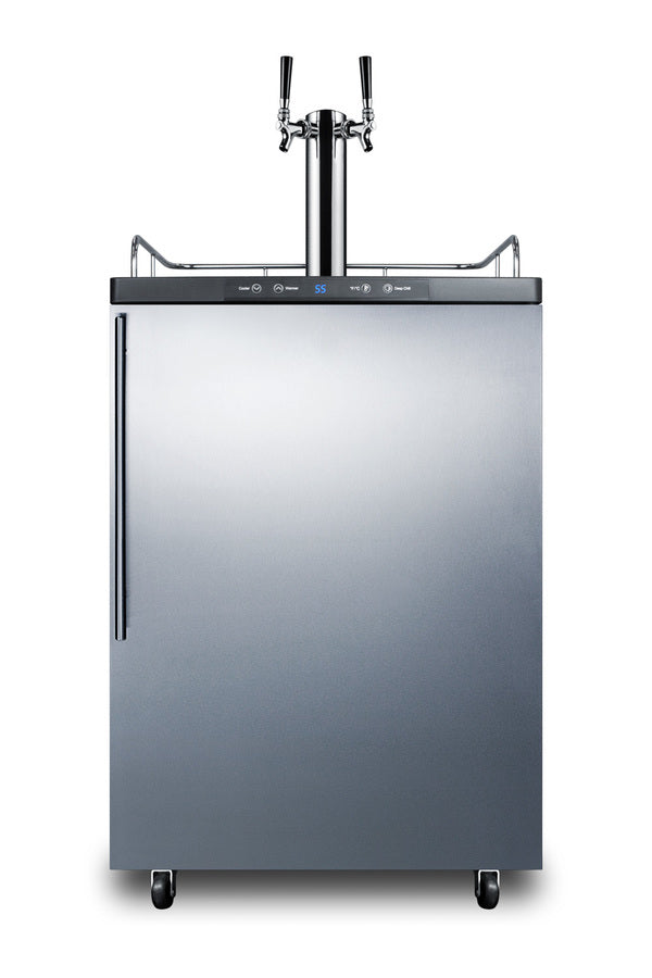 Freestanding dual tap residential beer dispenser, auto defrost w/digital thermostat, SS wrapped door, thin handle, and b