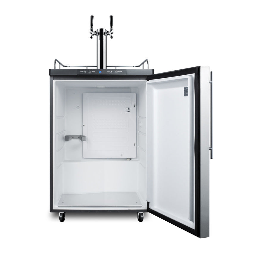 Freestanding dual tap residential beer dispenser, auto defrost w/digital thermostat, SS wrapped door, thin handle, and b