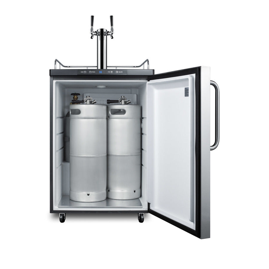 Freestanding dual tap residential beer dispenser, auto defrost w/digital thermostat, SS wrapped door, towel bar handle, 
