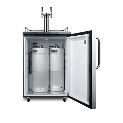 Freestanding dual tap residential beer dispenser, auto defrost w/digital thermostat, SS wrapped door, towel bar handle, 