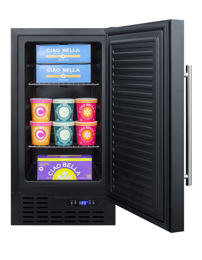 ADA compliant 18" wide frost-free freezer in black for built-in or freestanding use, with lock and digital thermostat, A