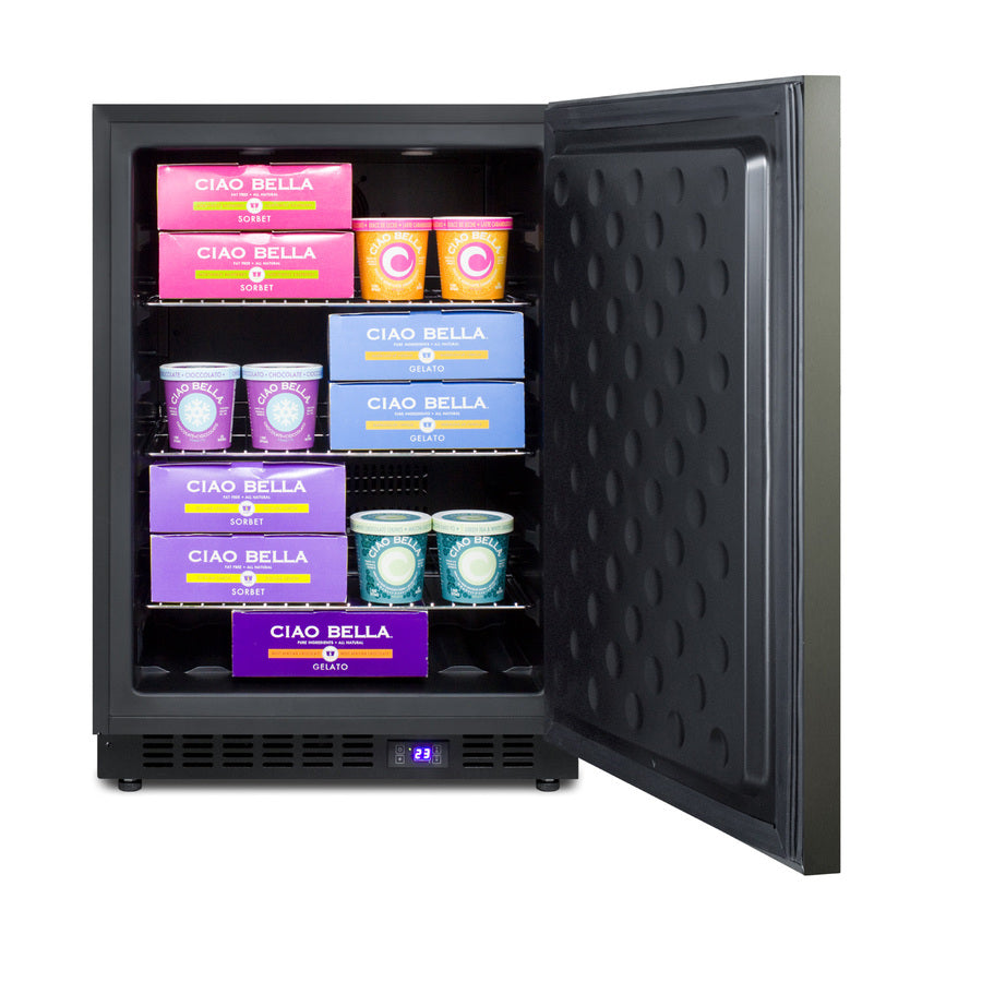 Frost-free built-in undercounter all-freezer for residential or commercial use, with black stainless steel door, horizon