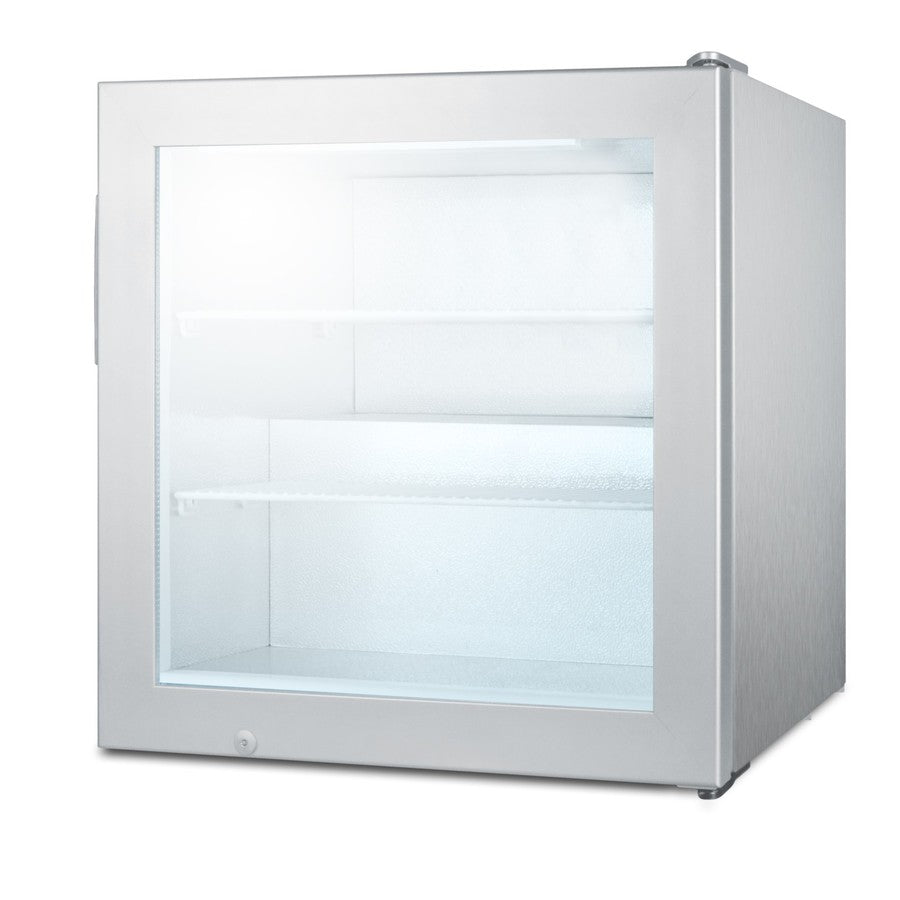 Accucold Compact commercial vodka chiller with self-closing glass door and stainless steel wrapped cabinet