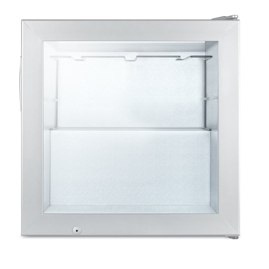 Accucold Compact commercial vodka chiller with self-closing glass door and stainless steel wrapped cabinet