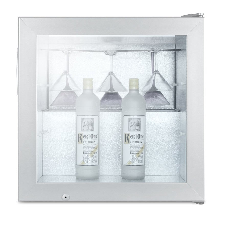 Accucold Compact commercial vodka chiller with self-closing glass door and stainless steel wrapped cabinet