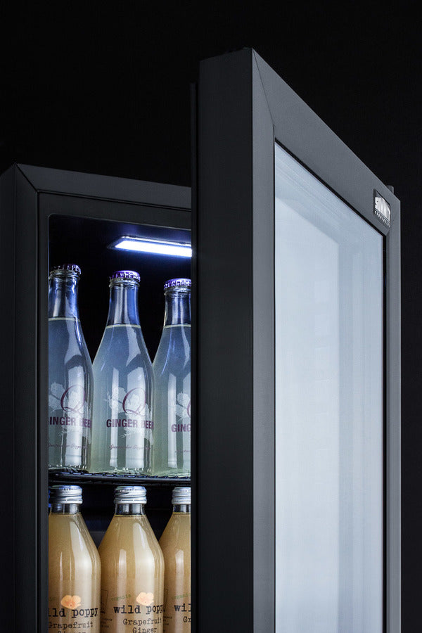 Compact commercial beverage center with glass door, lock, and black cabinet (Model SCR114LLHD) - Detail